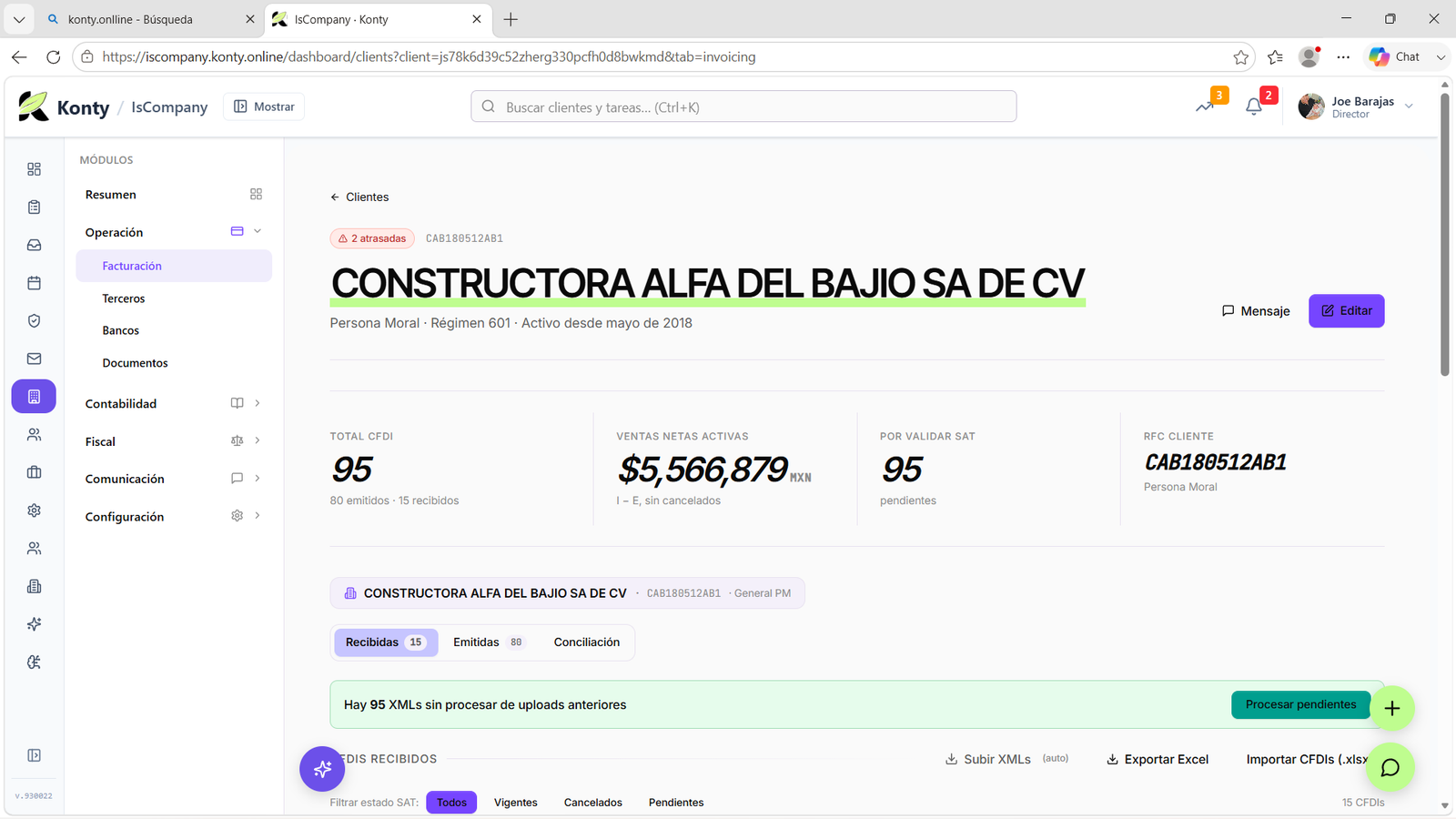 Vista por cliente — CFDIs, ingresos y estado de cumplimiento